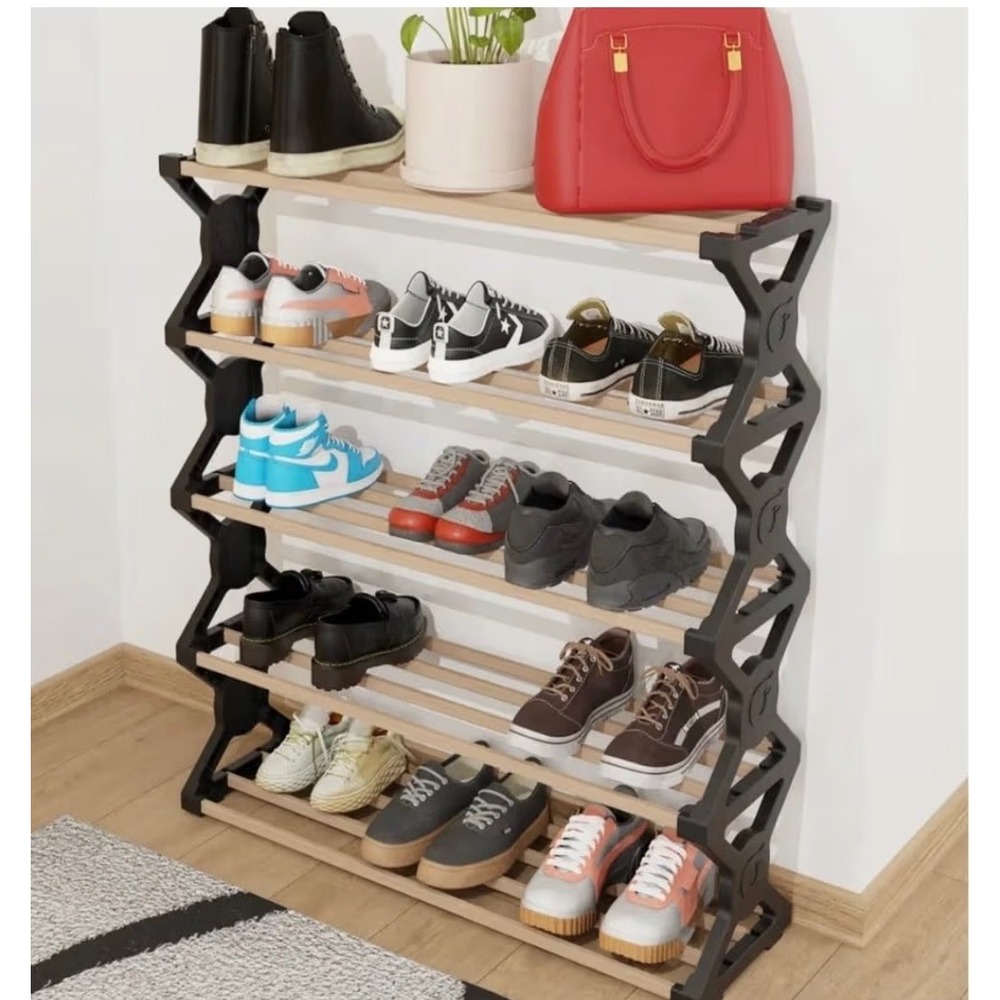 Stick Wood SW-6005 5-Tier Modular Shoe Rack Modern Black Wood Storage Shelf 25in